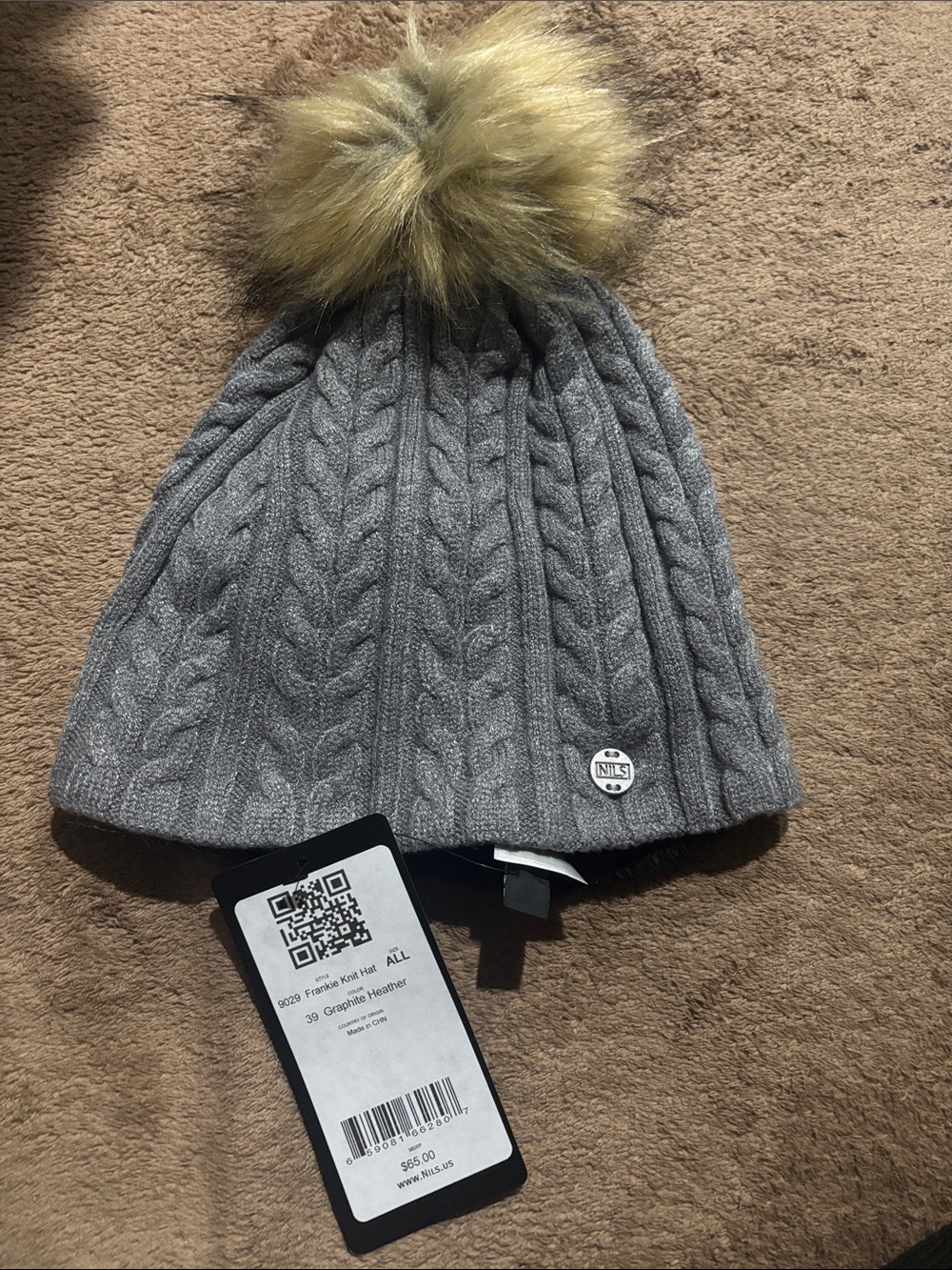NILS Gray Knit Beanie with Faux Fur Pom